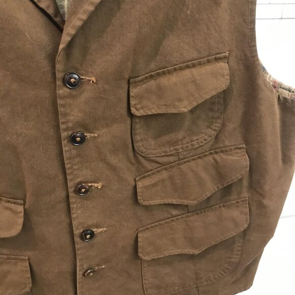 Polo Ralph Lauren Vest Mens XL Brown Field Utility Multi Pocket Plaid Lined - Picture 3 of 10